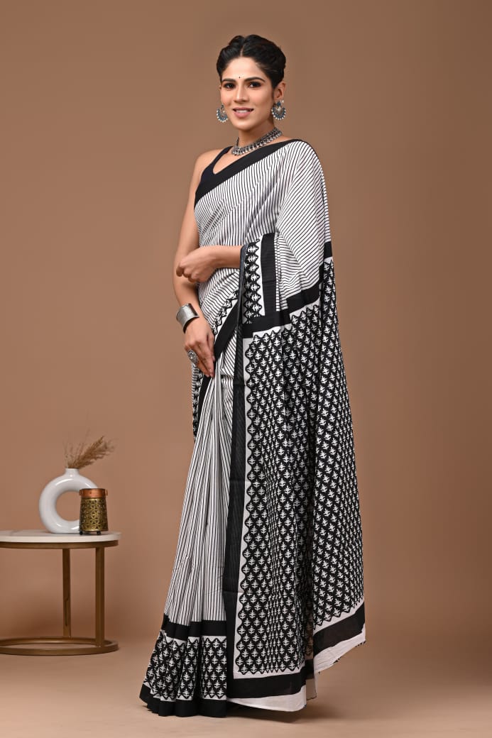 Black and White Ajrakh Cotton Mul Handblock Print Saree with Ready-to-Wear Blouse Set