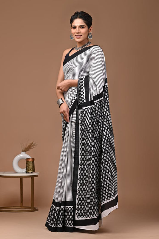 Black and White Ajrakh Cotton Mul Handblock Print Saree with Ready-to-Wear Blouse Set