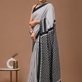 Black and White Ajrakh Cotton Mul Handblock Print Saree with Ready-to-Wear Blouse Set