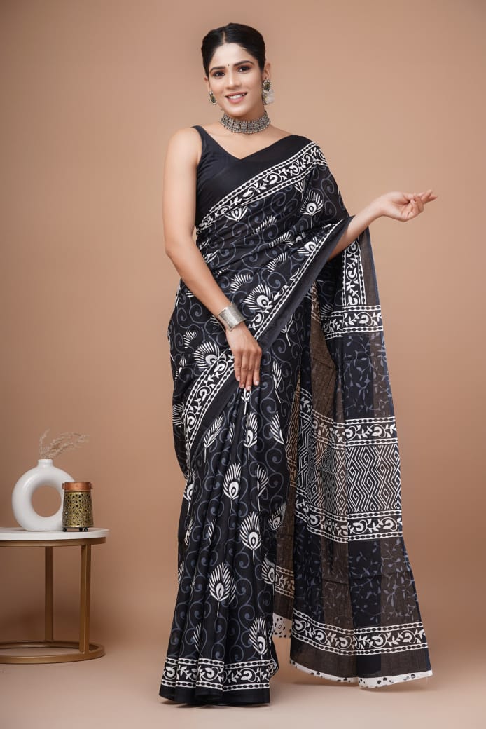 Black Ajrakh Cotton Mul Handblock Print Saree with Ready-to-Wear Blouse Set