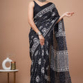 Black Ajrakh Cotton Mul Handblock Print Saree with Ready-to-Wear Blouse Set