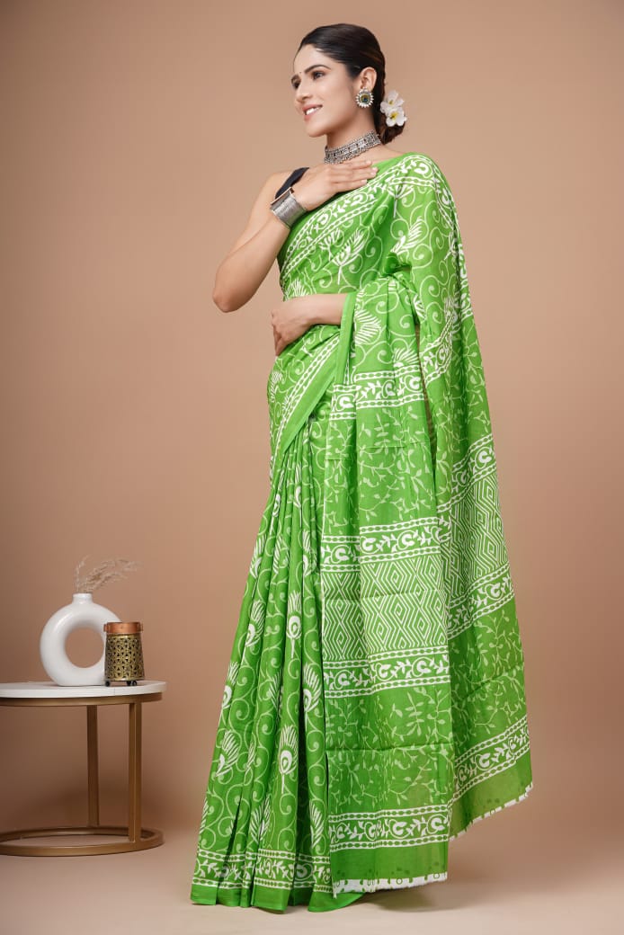 Green Ajrakh Cotton Mul Handblock Print Saree with Ready-to-Wear Blouse Set