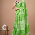 Green Ajrakh Cotton Mul Handblock Print Saree with Ready-to-Wear Blouse Set