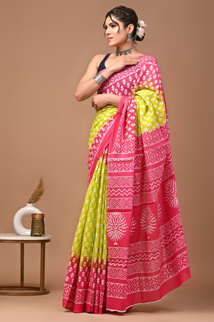 Pink Green Ajrakh Cotton Mul Handblock Print Saree with Ready-to-Wear Blouse Set