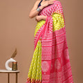 Pink Green Ajrakh Cotton Mul Handblock Print Saree with Ready-to-Wear Blouse Set