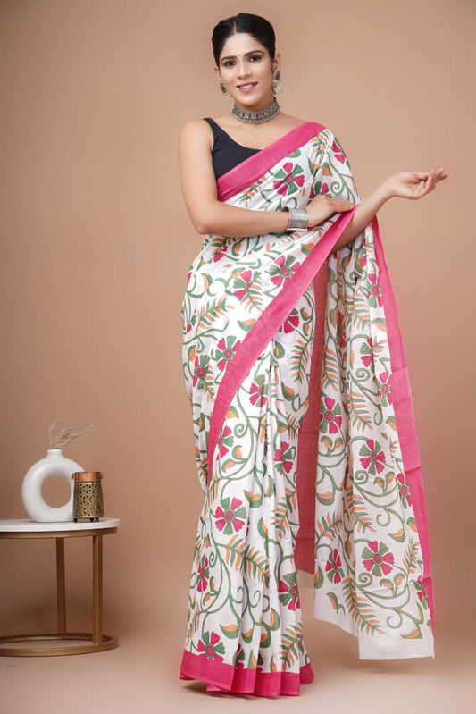 Pink White Ajrakh Cotton Mul Handblock Print Saree with Ready-to-Wear Blouse Set