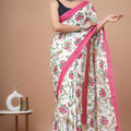 Pink White Ajrakh Cotton Mul Handblock Print Saree with Ready-to-Wear Blouse Set