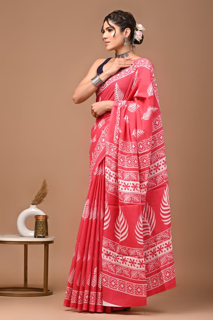 Pink black Ajrakh Cotton Mul Handblock Print Saree with Ready-to-Wear Blouse Set