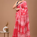 Pink black Ajrakh Cotton Mul Handblock Print Saree with Ready-to-Wear Blouse Set