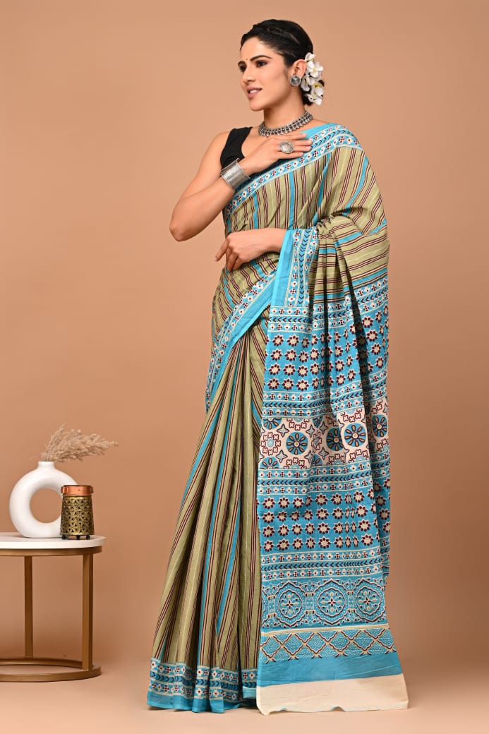 Blue Beige Ajrakh Cotton Mul Handblock Print Saree with Ready-to-Wear Blouse Set