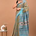 Blue Beige Ajrakh Cotton Mul Handblock Print Saree with Ready-to-Wear Blouse Set