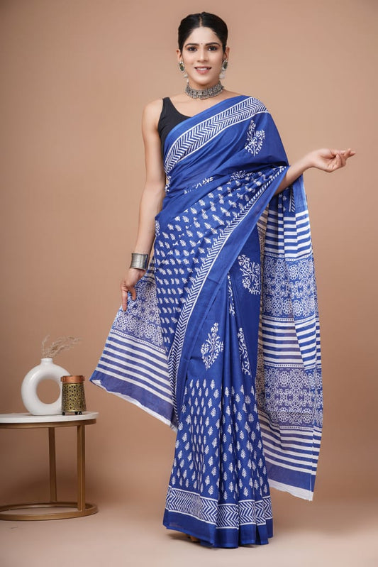 Light Blue Ajrakh Cotton Mul Handblock Print Saree with Ready-to-Wear Blouse Set