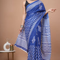 Light Blue Ajrakh Cotton Mul Handblock Print Saree with Ready-to-Wear Blouse Set