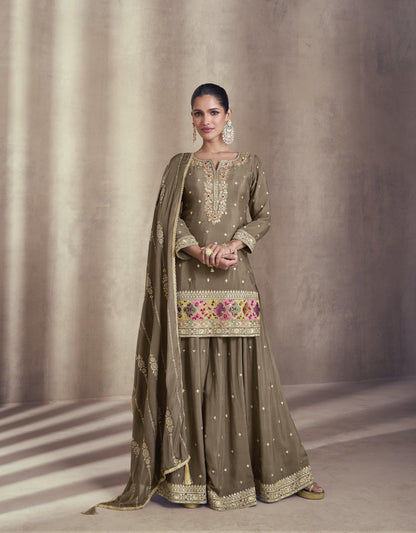 Beige Brown Indo-Western Georgette Chinon Sharara Suit Set with Dupatta