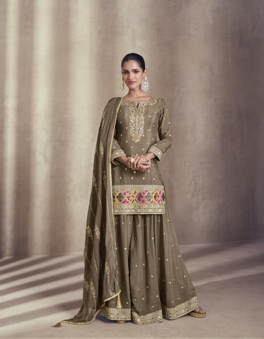 Beige Brown Indo-Western Georgette Chinon Sharara Suit Set with Dupatta