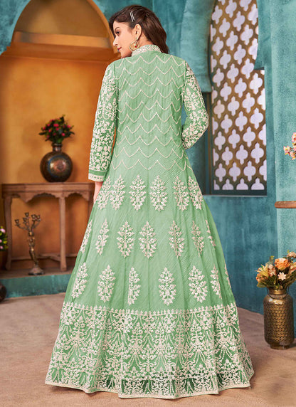 Green Sequins Embroidered Elegant Front-Slit Anarkali Gown for Special Occasions