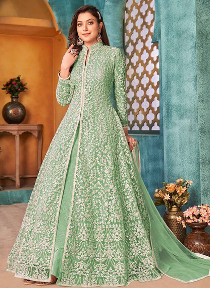 Green Sequins Embroidered Elegant Front-Slit Anarkali Gown for Special Occasions