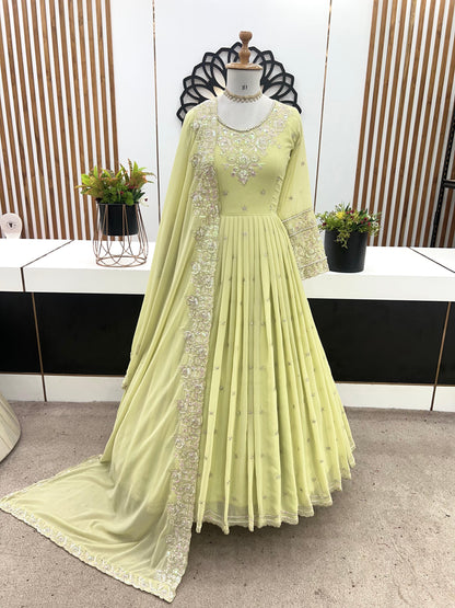 Green Embroidered Georgette Women's Party Wear Gown Set