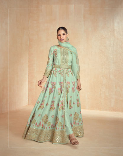 Pista Green Anarkali Front Slit Salwar Suit Set with Dupatta