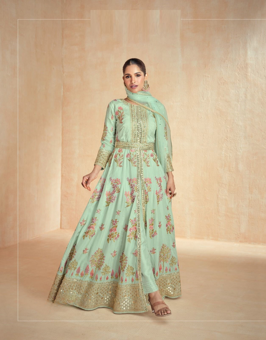 Pista Green Anarkali Front Slit Salwar Suit Set with Dupatta