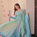 Blue Gold Organza Anarkali Gown with Sequin Embroidery & Dupatta - Indian Clothing & Party Wear