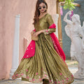 Pista Green Pink Ready to Wear Rangoli Silk Indian Gown Set with Pant & Dupatta