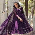 Deep Purple Regal Faux Blooming Anarkali Gown with Sequins Embroidery & Cut-Work Dupatta