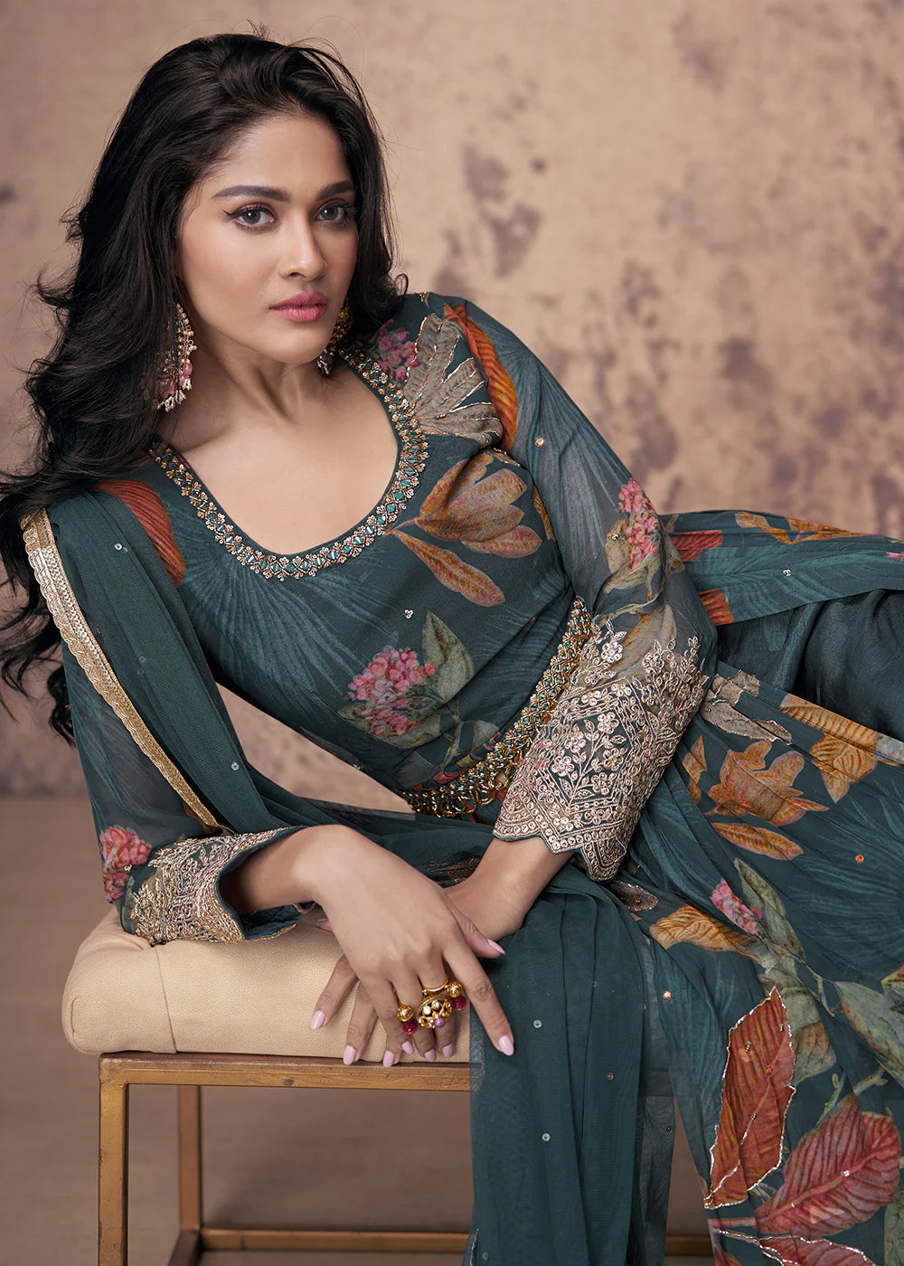 Teal Green Zari Embroidered Anarkali Gown with Digital Print & Net Dupatta