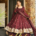 Dark Brown Embroidered Crunchy Silk Wide Flair Kameez and Sharara Set