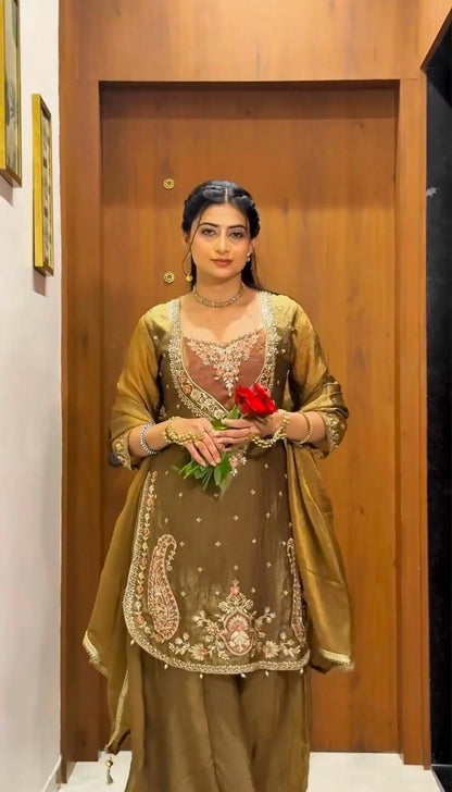 Antique gold NC Moss embroidered palazzo suit with dupatta on model