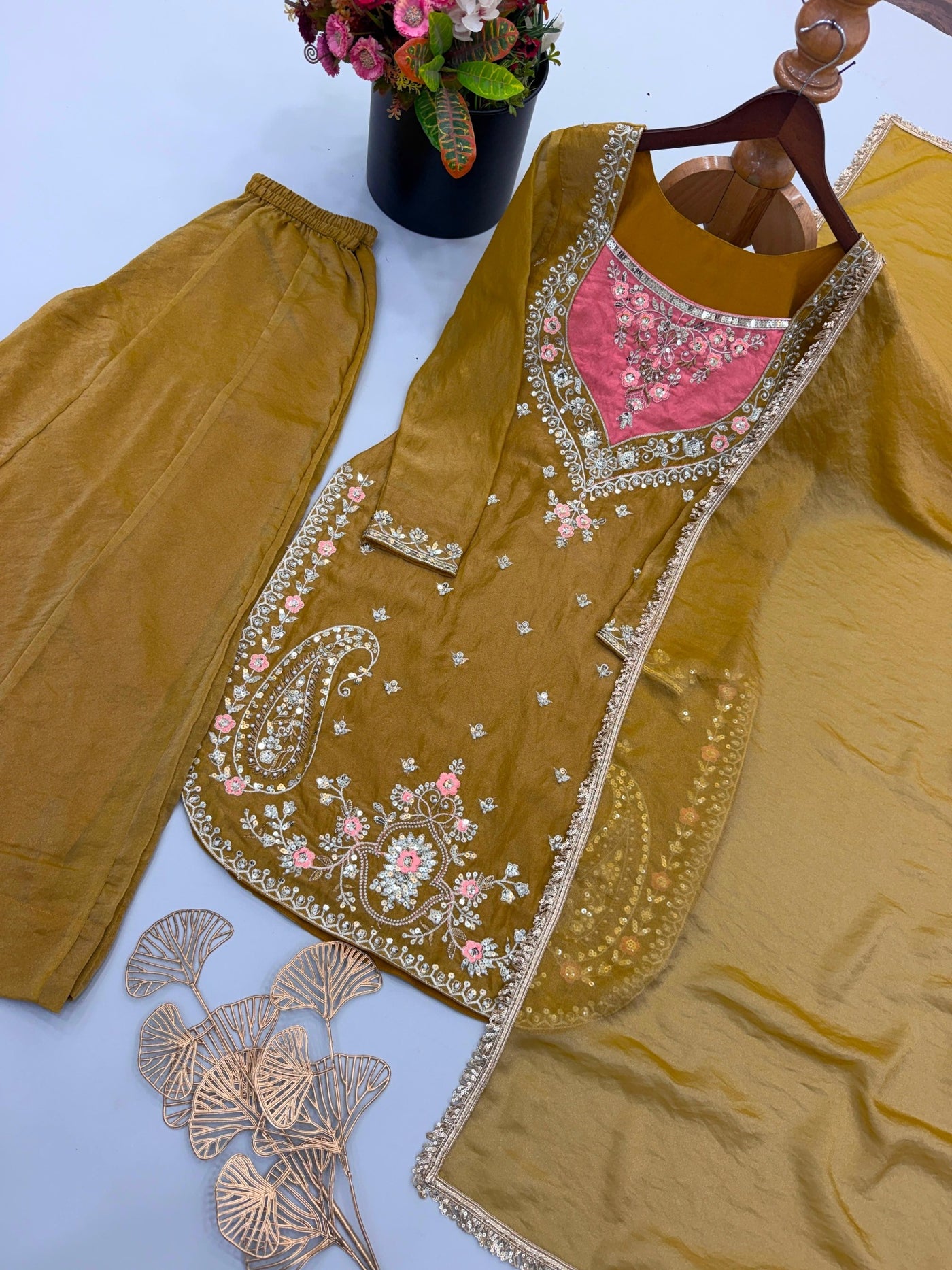 Antique gold embroidered top palazzo and lace-border dupatta flat lay