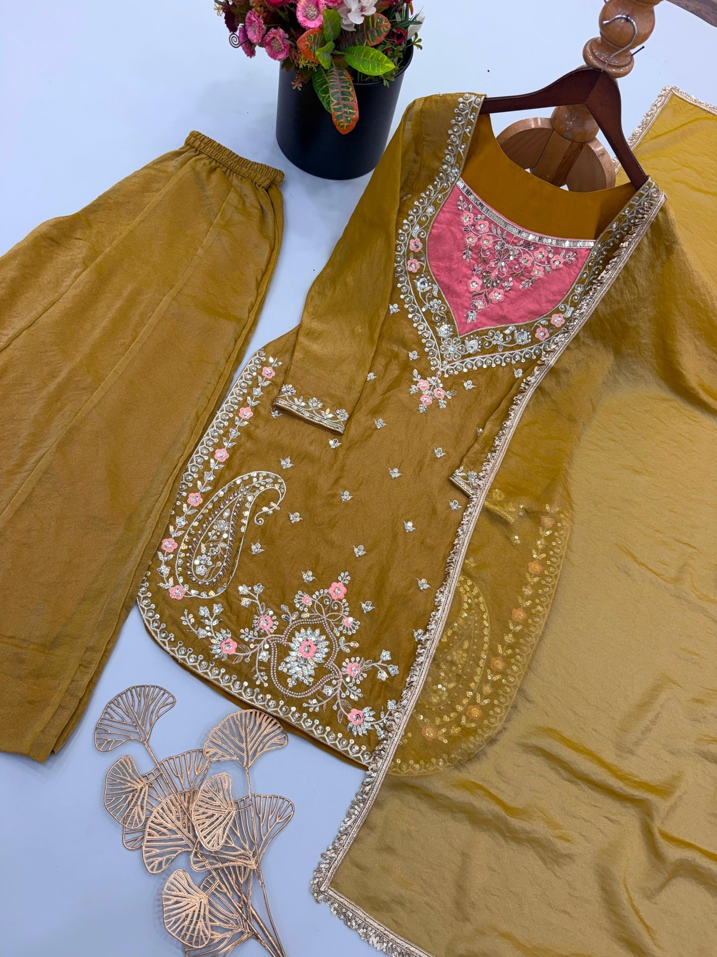 Antique gold embroidered top palazzo and lace-border dupatta flat lay