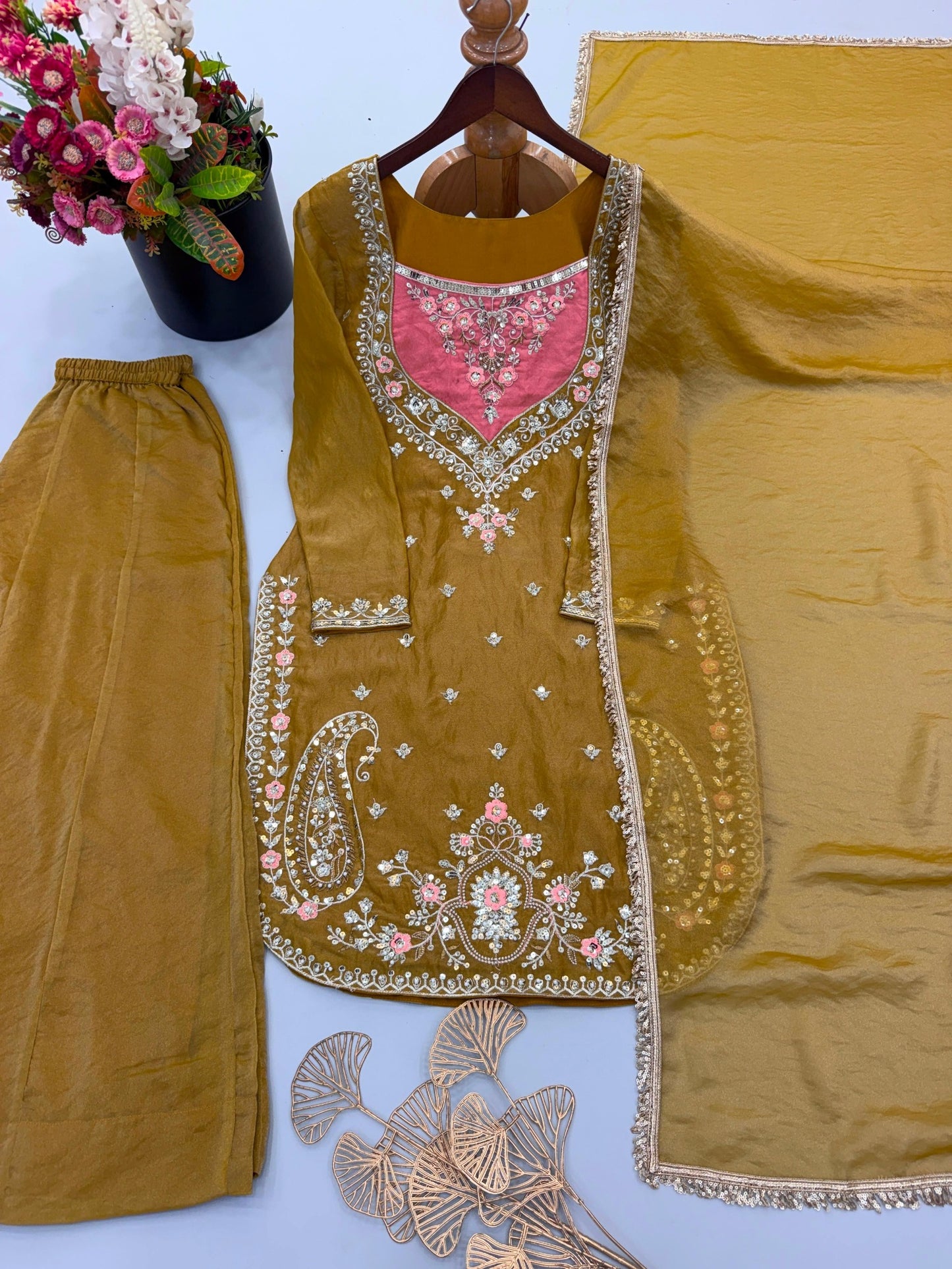 Antique gold and peach NC Moss palazzo suit three-piece flat lay