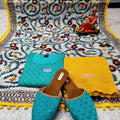 Aqua Blue and Yellow Silken Reflections Ensemble 4 Pc With Jutti