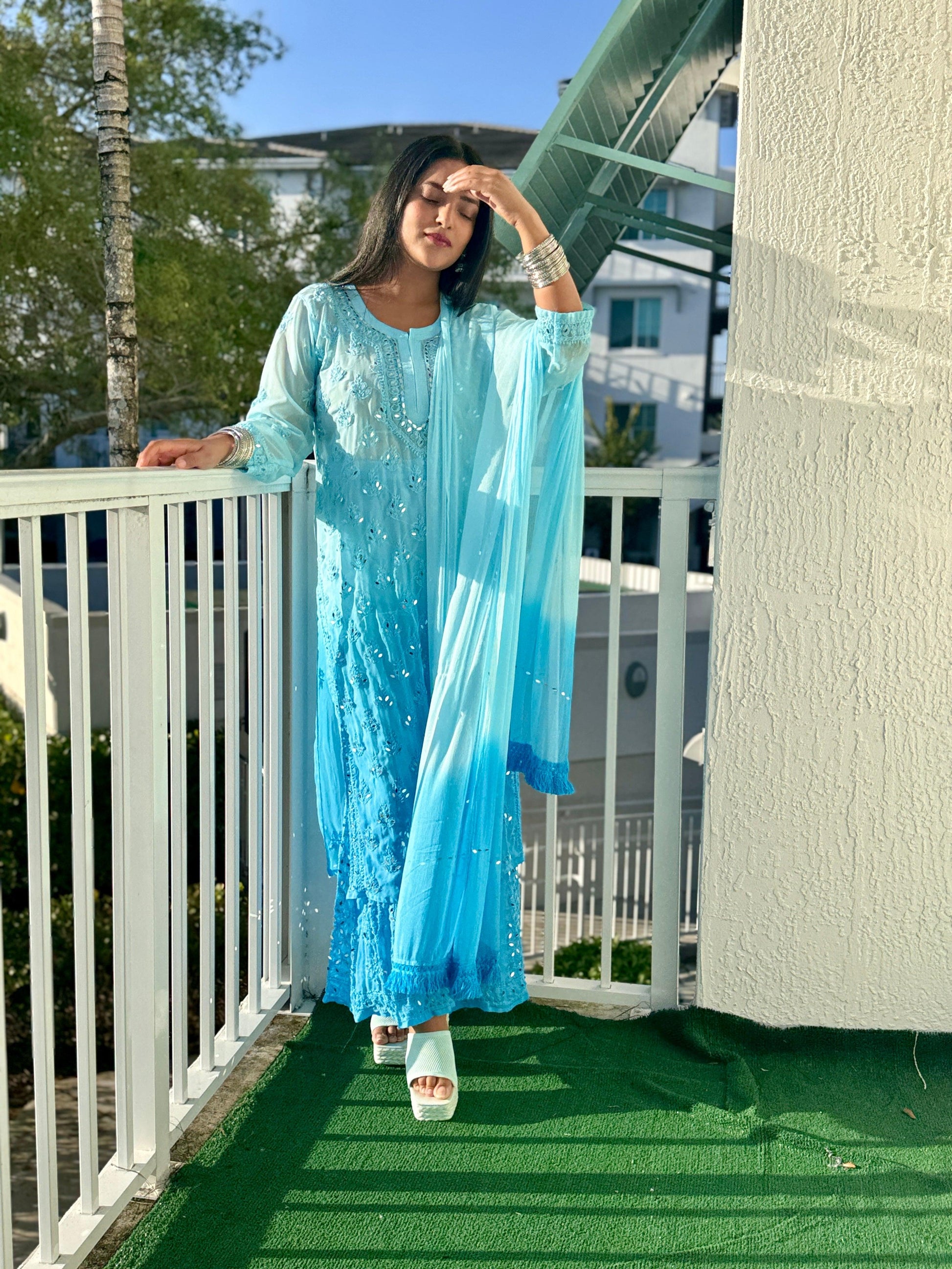 Blue Chikankari Elegance Ombré Mirror Booti Jaal Set - Kurti, Sharara & Dupatta