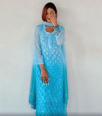 Aqua Blue Chikankari Elegance Ombré Mirror Booti Jaal Set - Kurti, Sharara & Dupatta