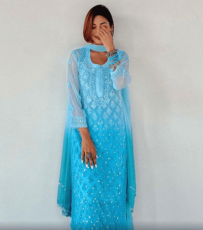 Aqua Blue Chikankari Elegance Ombré Mirror Booti Jaal Set - Kurti, Sharara & Dupatta