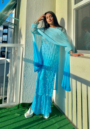 Aqua Blue Chikankari Elegance Ombré Mirror Booti Jaal Set - Kurti, Sharara & Dupatta