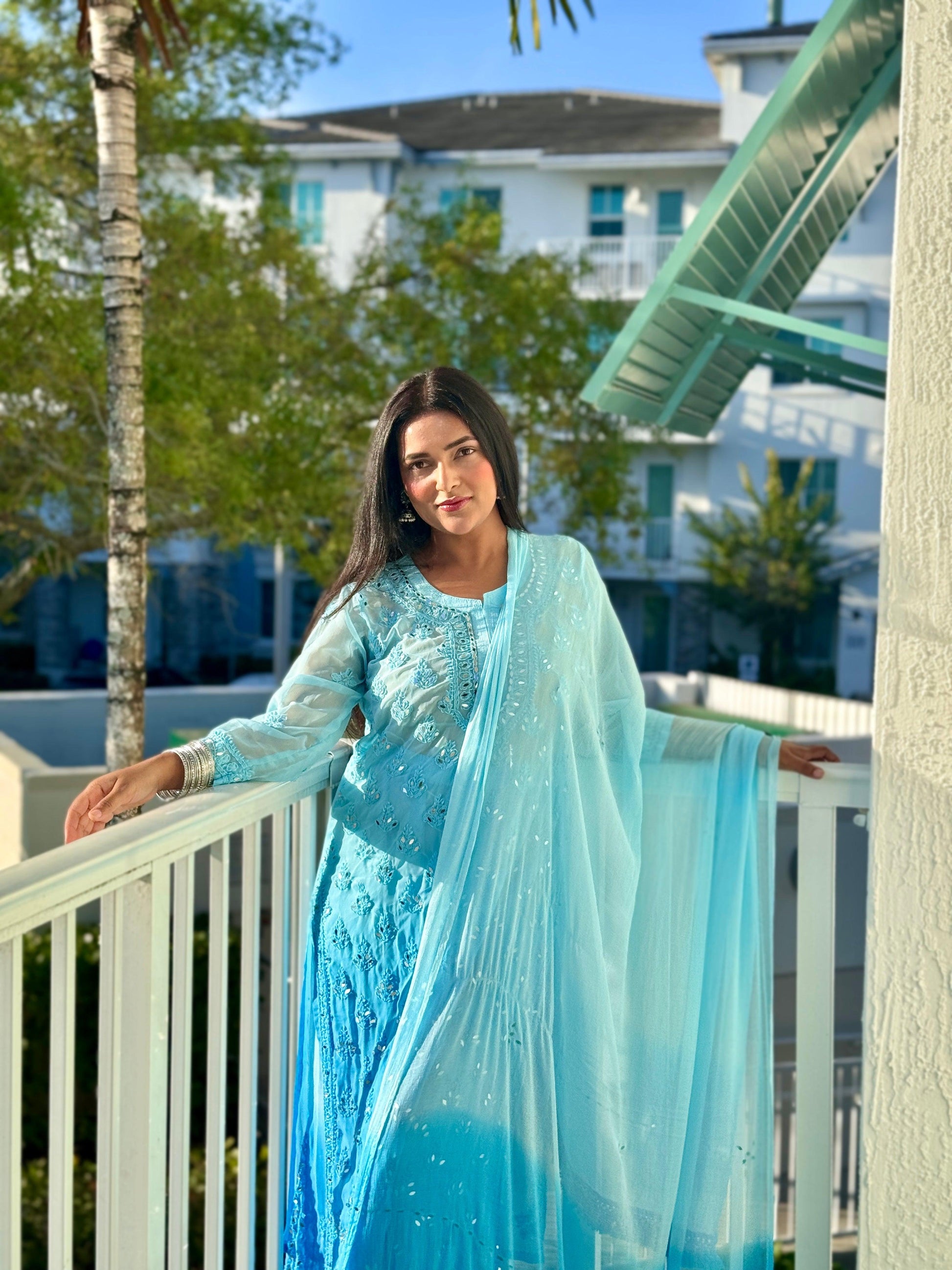 Blue Chikankari Elegance Ombré Mirror Booti Jaal Set - Kurti, Sharara & Dupatta