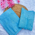 Aqua Blue Cotton Crochet Button Lucknowi Chikankari Kurti + Palazzo Co-ord Set
