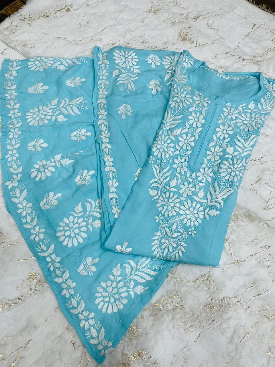 Aqua Blue Divine Aura Modal Cotton Kurti + Palazzo Collection - Inayakhan Shop 