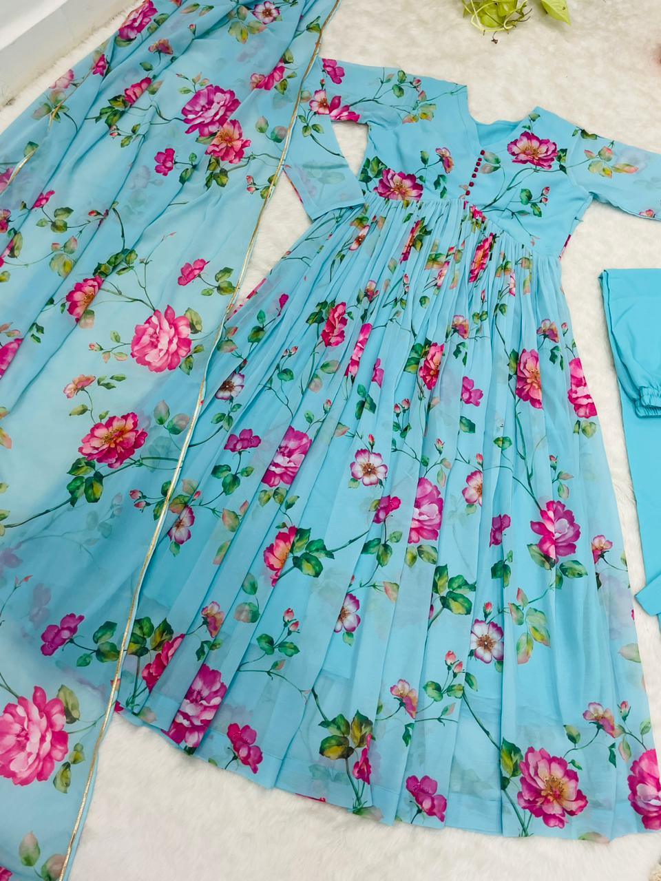 Aqua Blue ✨ Elegant Georgette Digital Print Gown with Dupatta and Pant ✨ - Inayakhan Shop 