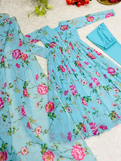 Aqua Blue ✨ Elegant Georgette Digital Print Gown with Dupatta and Pant ✨ - Inayakhan Shop 