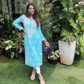Aqua Blue Elegant Lucknowi Chikankari Cotton Kurti 3 pc Set