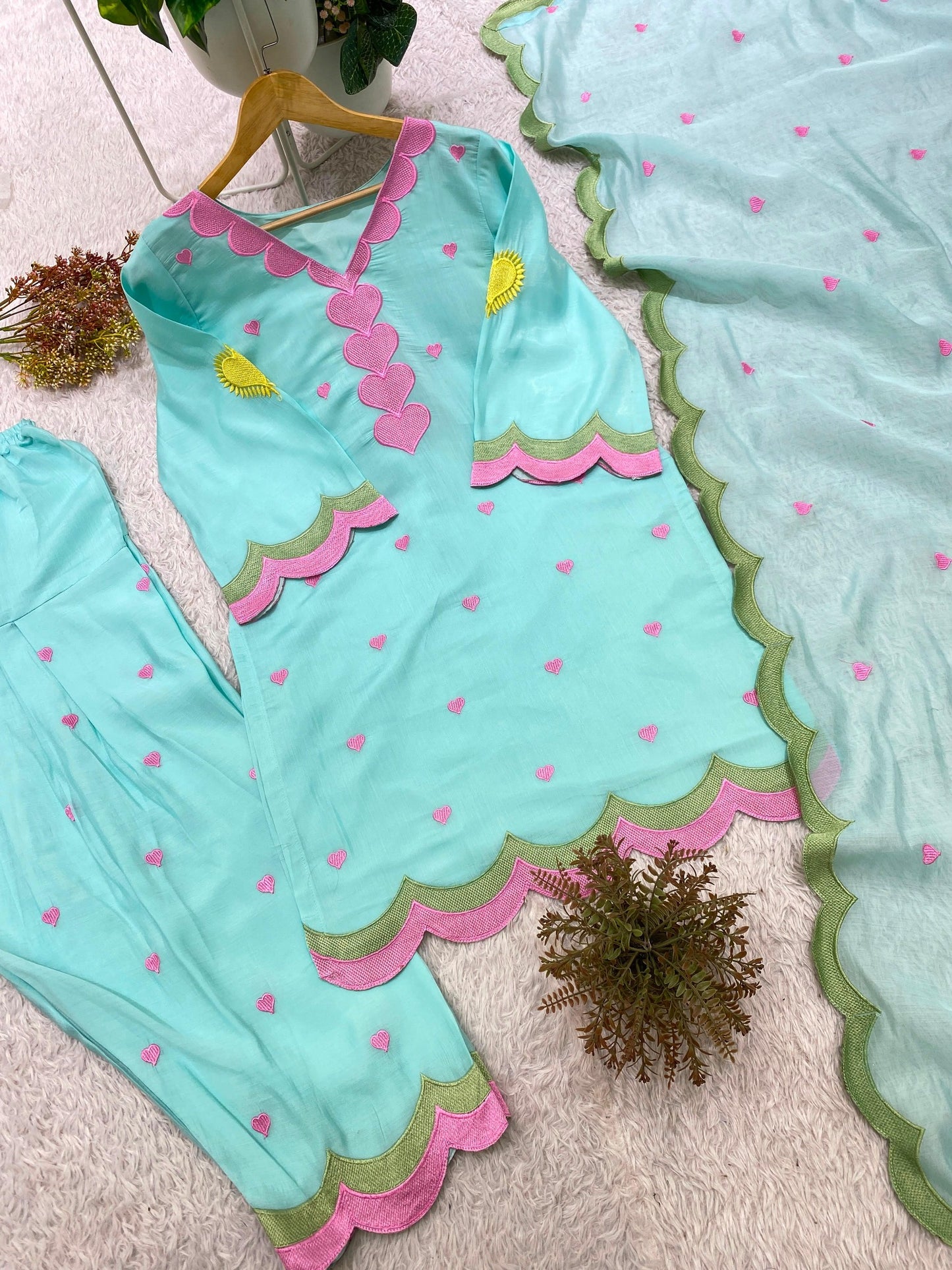 aqua blue embroidered top salwar and dupatta product flat lay