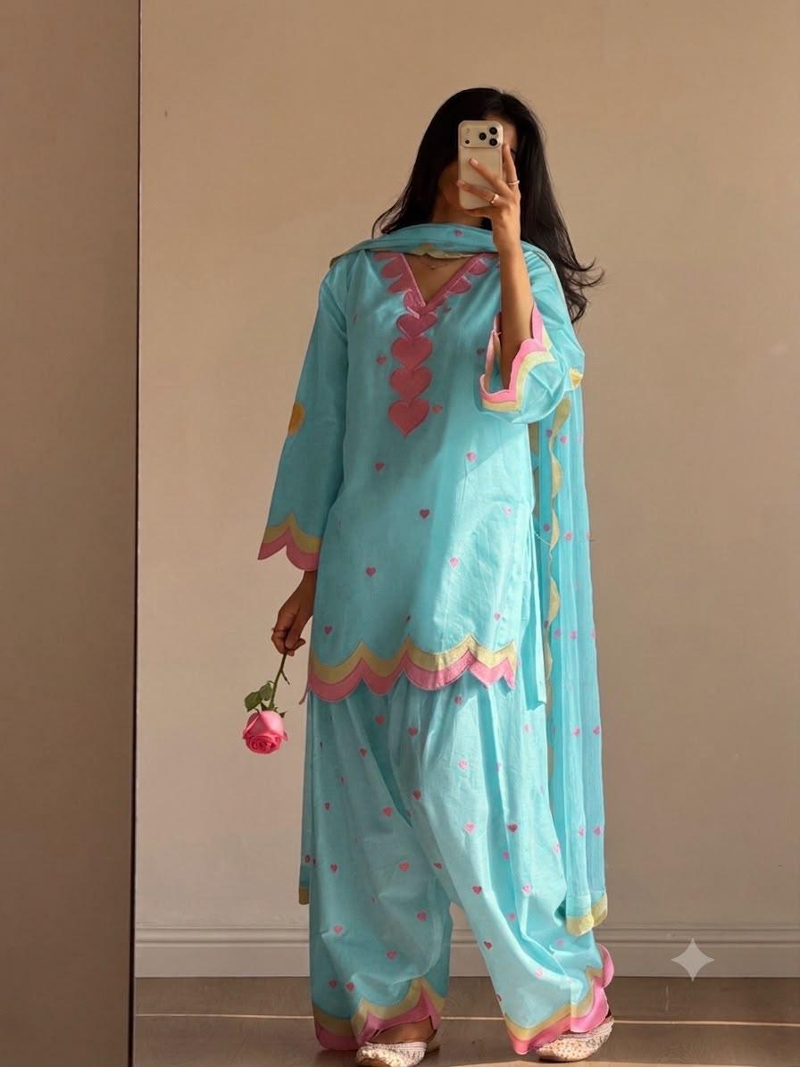 aqua blue embroidered Mul Chanderi salwar suit full front view