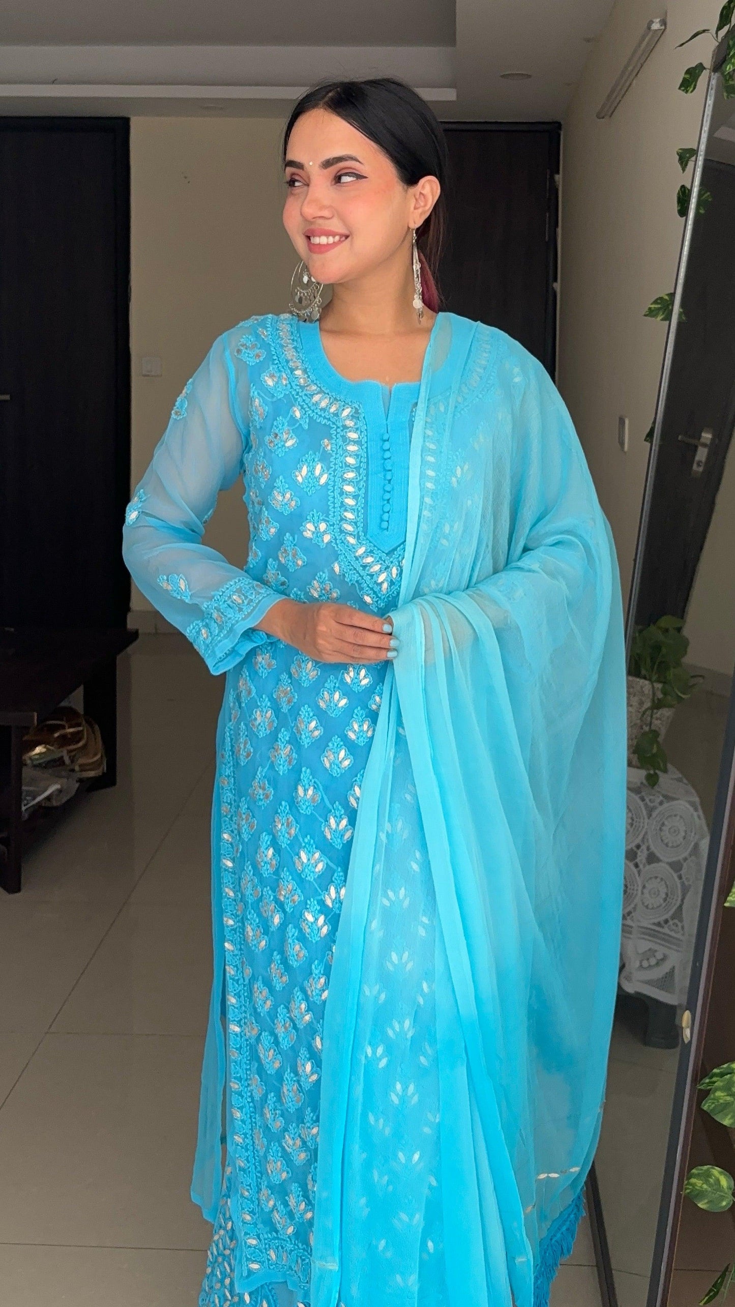 Aqua Blue Georgette Gotta Patti Kurti Sharara Salwar Suit (Inner Included) - Inayakhan Shop 