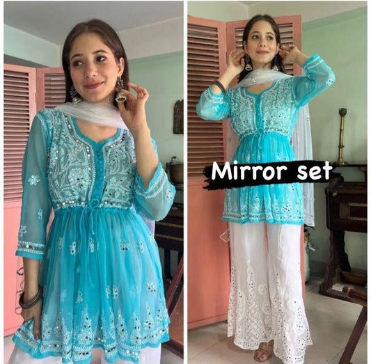 Aqua Blue Glimmering Georgette Mirror Work Short Gown, Dupatta, and Sharara Full Combo Set - Inayakhan Shop 