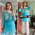 Aqua Blue Glimmering Georgette Mirror Work Short Gown, Dupatta, and Sharara Full Combo Set