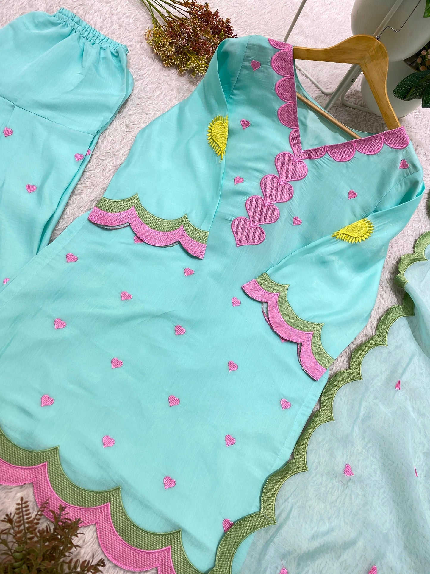 aqua blue heart embroidery top salwar dupatta flat lay